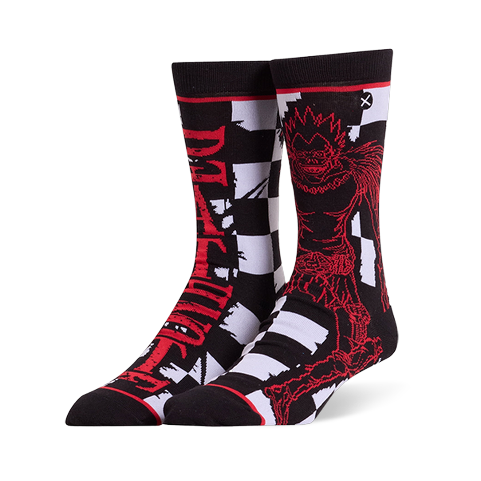 Black split design crew socks showing red distressed Death Note text, a Ryuk illustration, and black and white checkers.