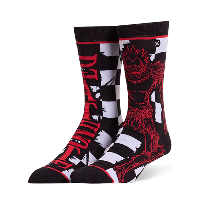 Black split design crew socks showing red distressed Death Note text, a Ryuk illustration, and black and white checkers.