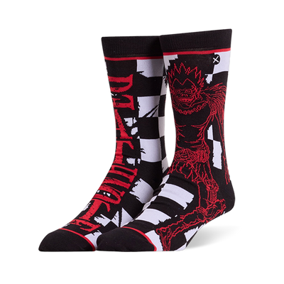 Black split design crew socks showing red distressed Death Note text, a Ryuk illustration, and black and white checkers.
