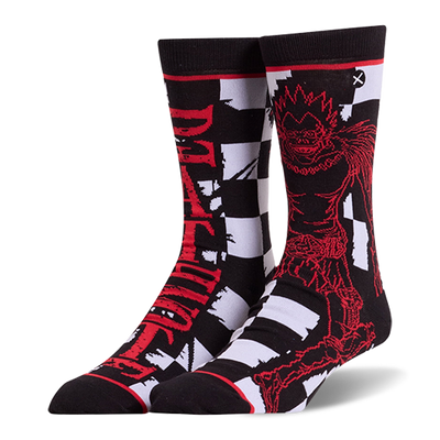Black split design crew socks showing red distressed Death Note text, a Ryuk illustration, and black and white checkers.