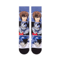 Flat lay front view of two socks displaying stacked graphic blocks of anime characters Light Yagami and the Shinigami Ryuk.
