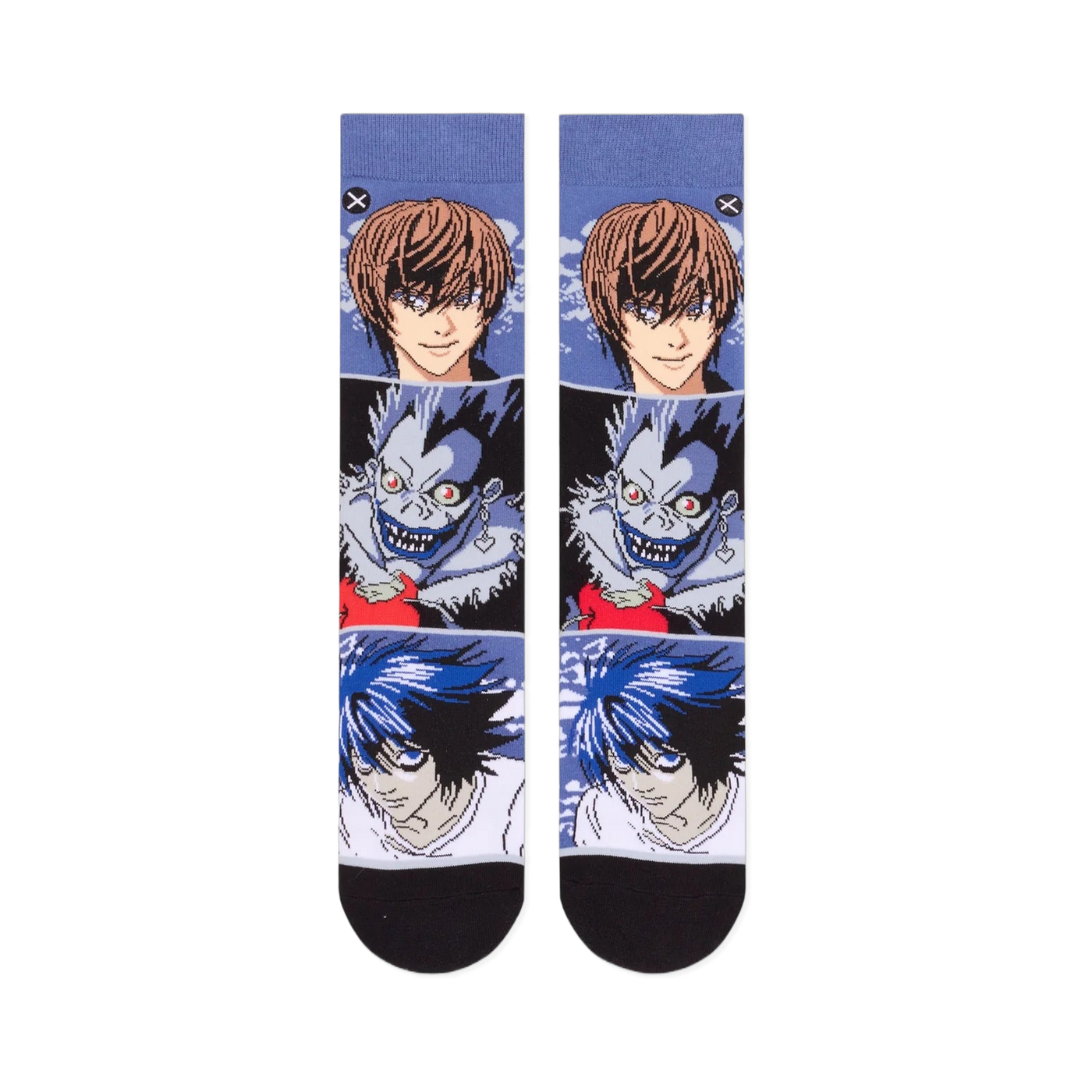 Flat lay front view of two socks displaying stacked graphic blocks of anime characters Light Yagami and the Shinigami Ryuk.
