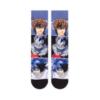 Flat lay front view of two socks displaying stacked graphic blocks of anime characters Light Yagami and the Shinigami Ryuk.