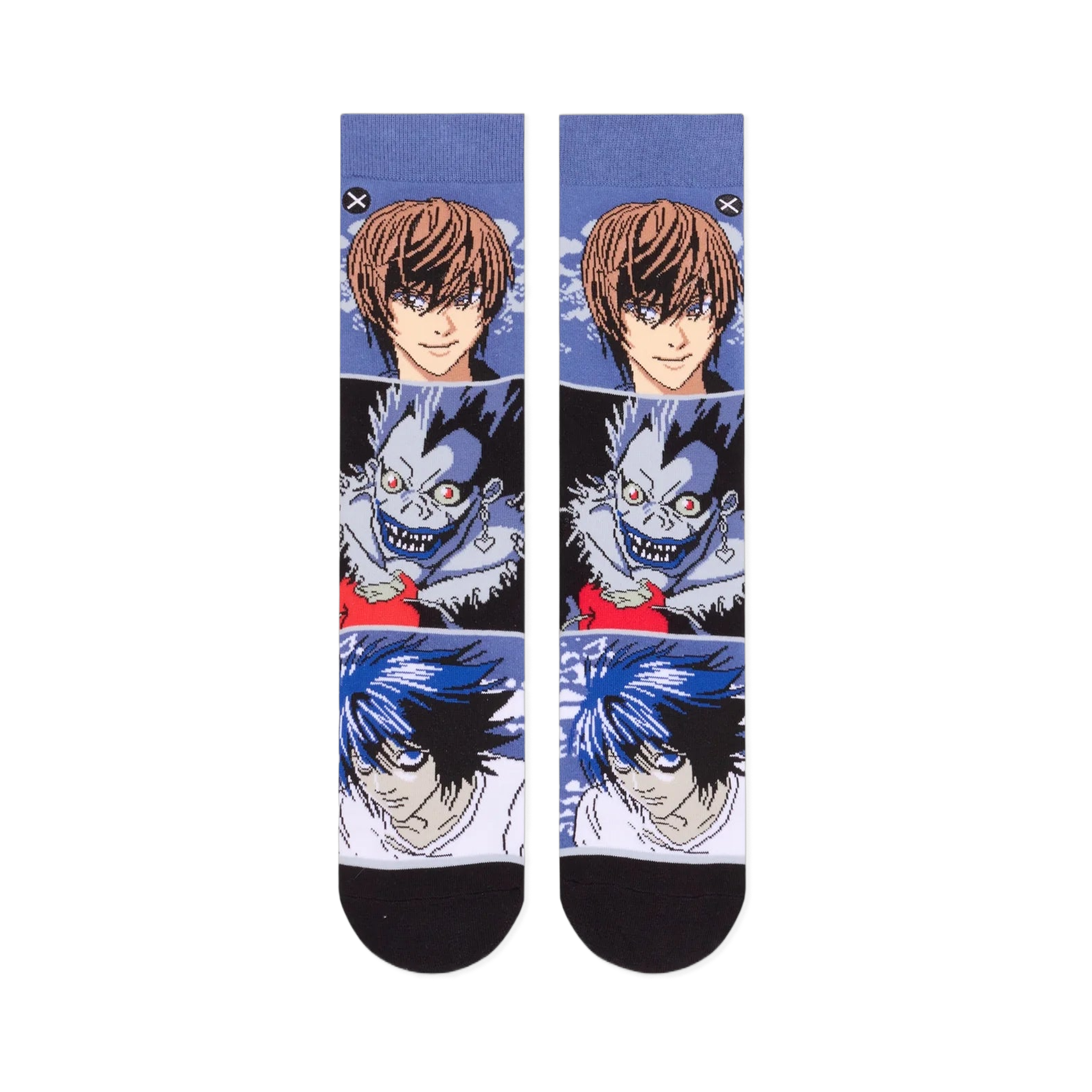 Flat lay front view of two socks displaying stacked graphic blocks of anime characters Light Yagami and the Shinigami Ryuk.