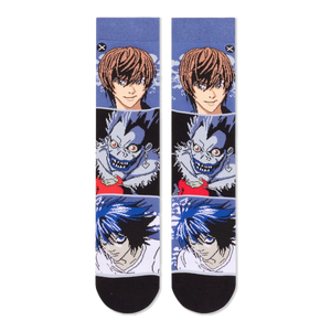 Flat lay front view of two socks displaying stacked graphic blocks of anime characters Light Yagami and the Shinigami Ryuk.