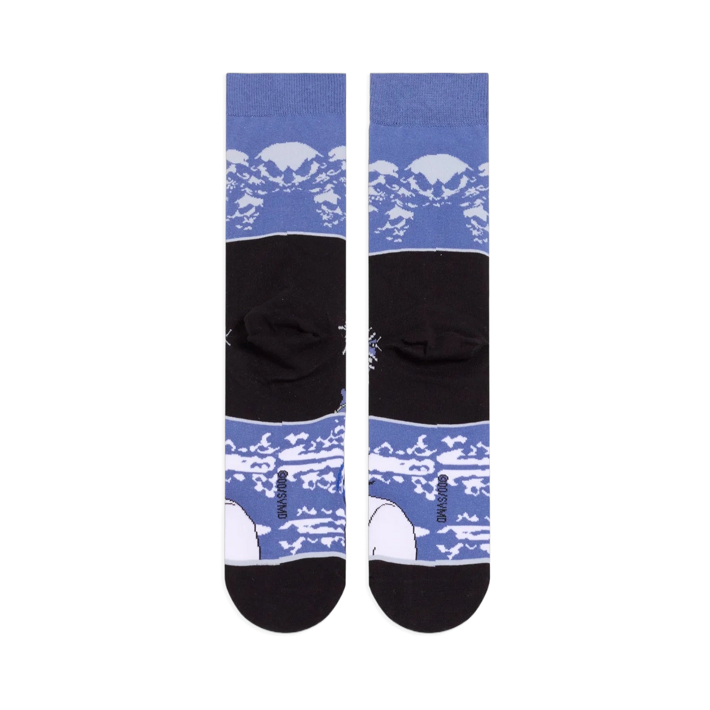 Flat lay back view of the socks showing a solid black middle band and blue top and bottom bands with white cloud patterns.