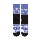 Flat lay back view of the socks showing a solid black middle band and blue top and bottom bands with white cloud patterns.