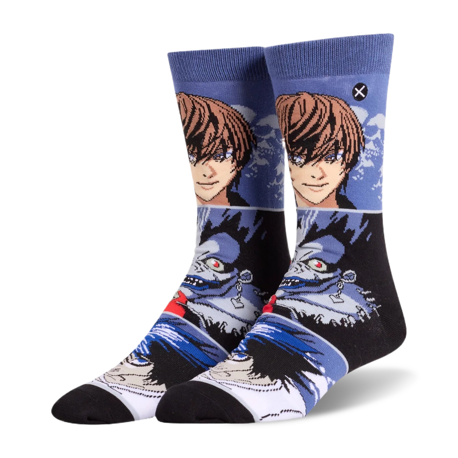 Crew socks featuring stacked graphic panels of Death Note characters Light and Ryuk, with L placed down near the black toes.