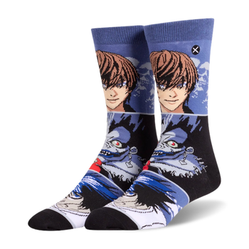Crew socks featuring stacked graphic panels of Death Note characters Light and Ryuk, with L placed down near the black toes.