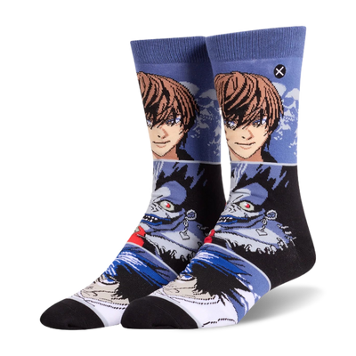 Crew socks featuring stacked graphic panels of Death Note characters Light and Ryuk, with L placed down near the black toes.