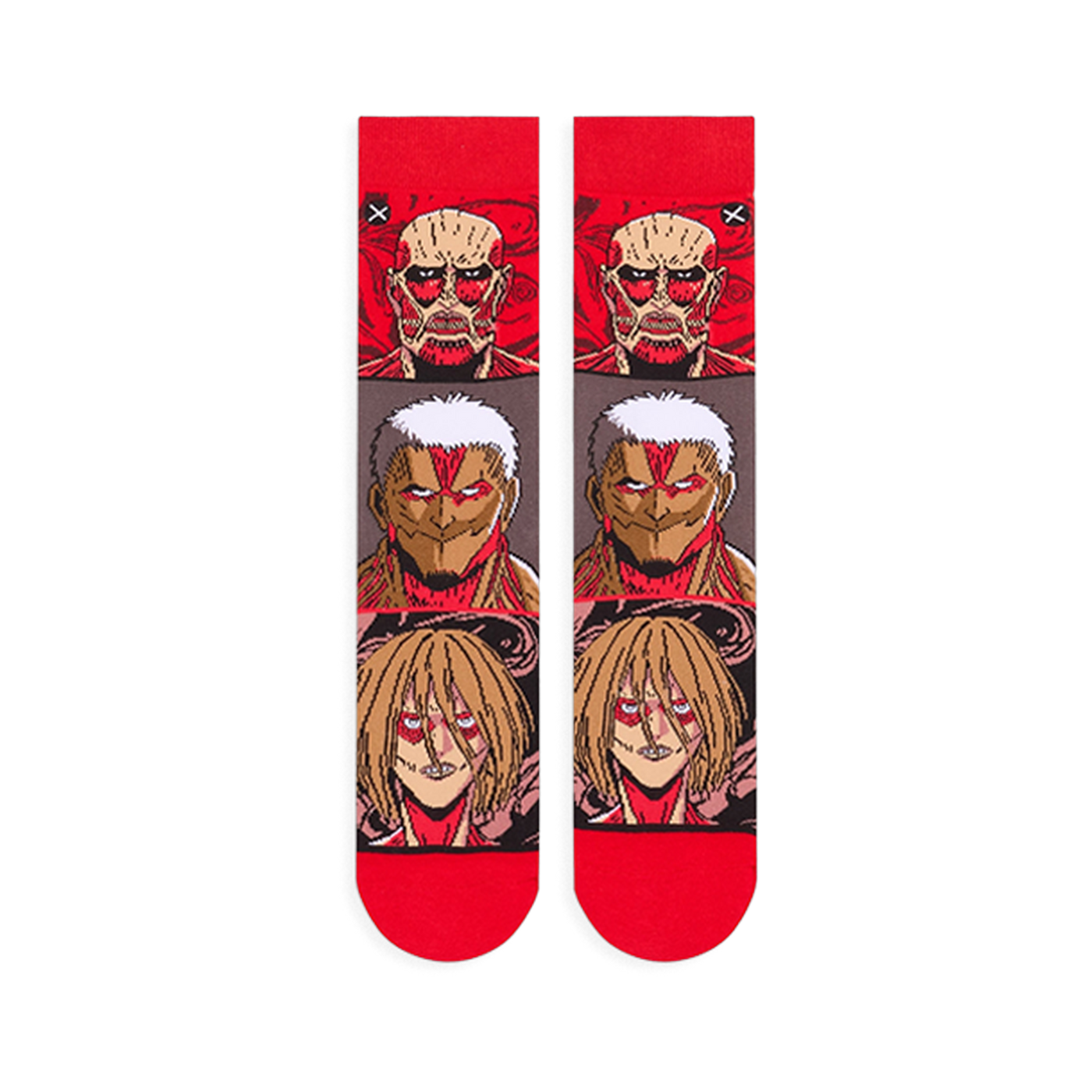 Flat lay of Attack on Titan socks showing the full front design with stacked Titan faces and bright red toes and cuffs.