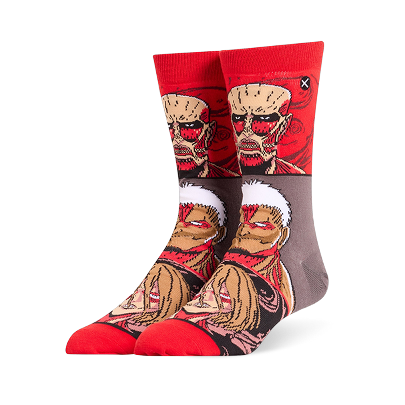 Red and grey crew socks displaying stacked Attack on Titan faces, featuring the Colossal, Armored, and Female Titans.