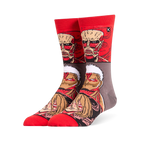 Red and grey crew socks displaying stacked Attack on Titan faces, featuring the Colossal, Armored, and Female Titans.
