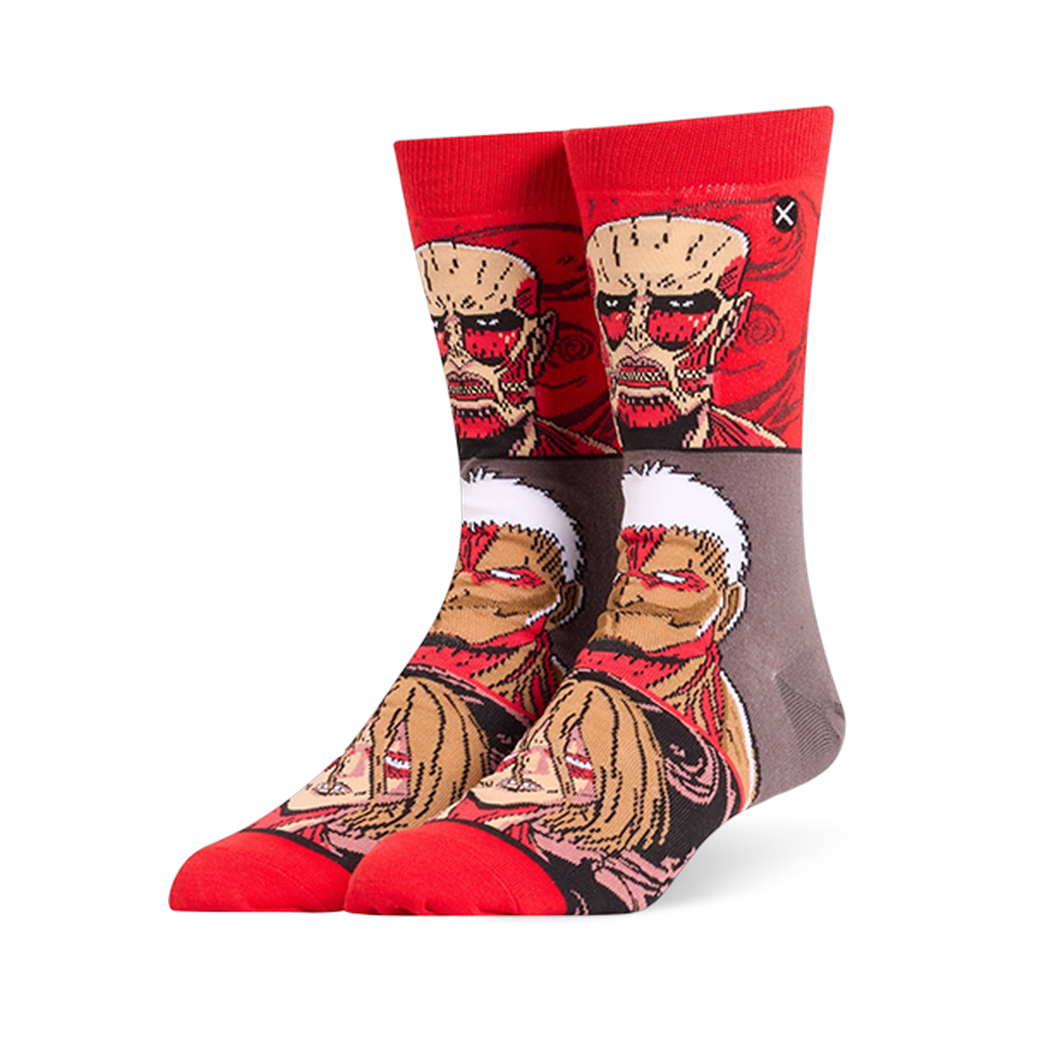 Red and grey crew socks displaying stacked Attack on Titan faces, featuring the Colossal, Armored, and Female Titans.