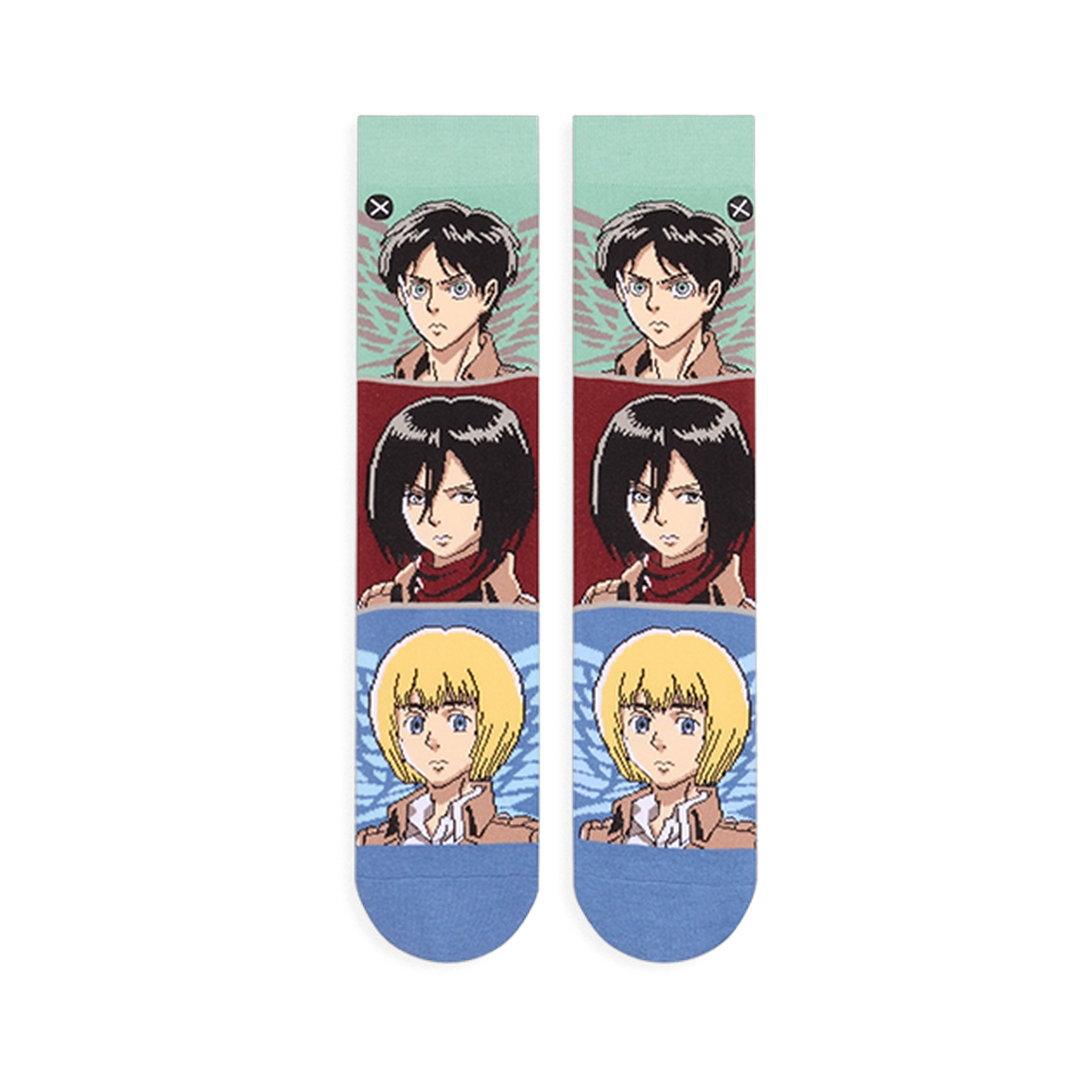 Flat lay of two crew socks side by side showing horizontal color blocks featuring determined anime character faces.