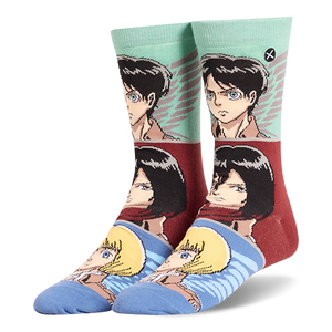 Crew socks showing anime scout characters on mint green, maroon, light blue panels, and matching solid blue toes.