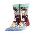 Crew socks showing anime scout characters on mint green, maroon, light blue panels, and matching solid blue toes.