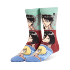 Crew socks showing anime scout characters on mint green, maroon, light blue panels, and matching solid blue toes.