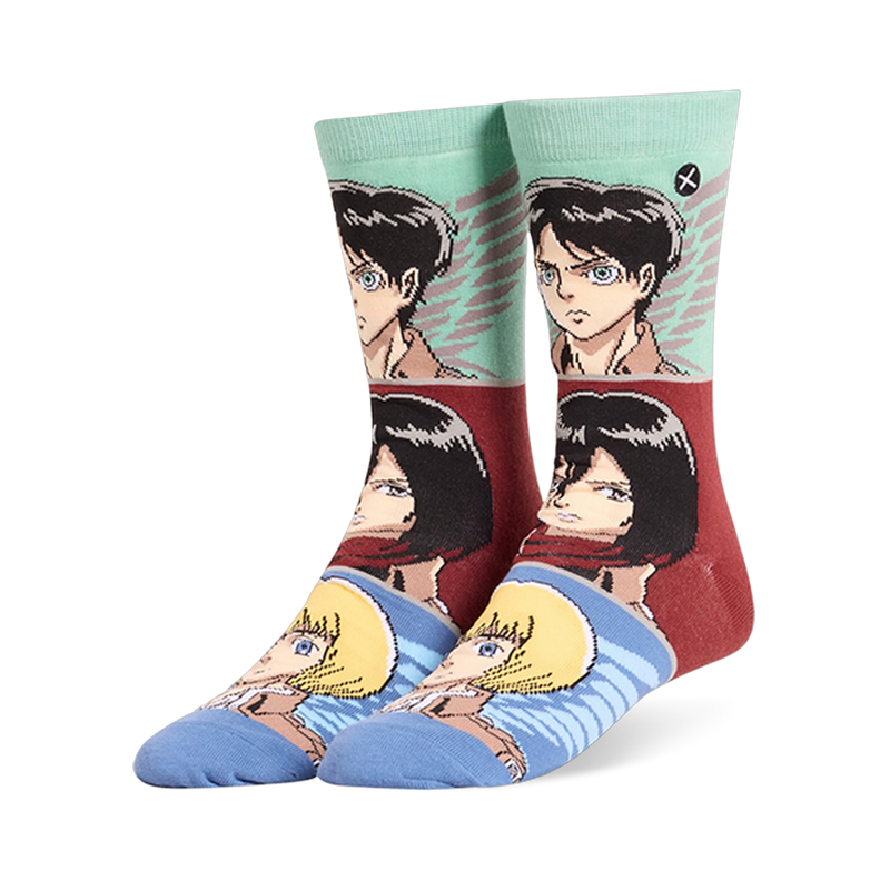 Crew socks showing anime scout characters on mint green, maroon, light blue panels, and matching solid blue toes.