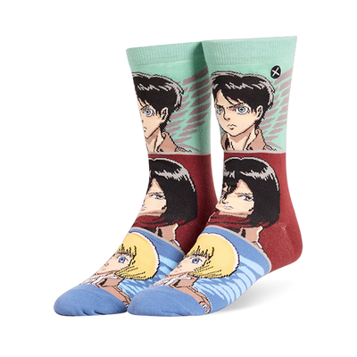 Crew socks showing anime scout characters on mint green, maroon, light blue panels, and matching solid blue toes.
