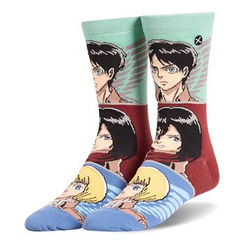 Crew socks showing anime scout characters on mint green, maroon, light blue panels, and matching solid blue toes.