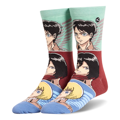 Crew socks showing anime scout characters on mint green, maroon, light blue panels, and matching solid blue toes.