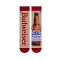 Flat lay of mismatched tan socks. One features vertical red Budweiser text, the other a full brown beer bottle illustration.