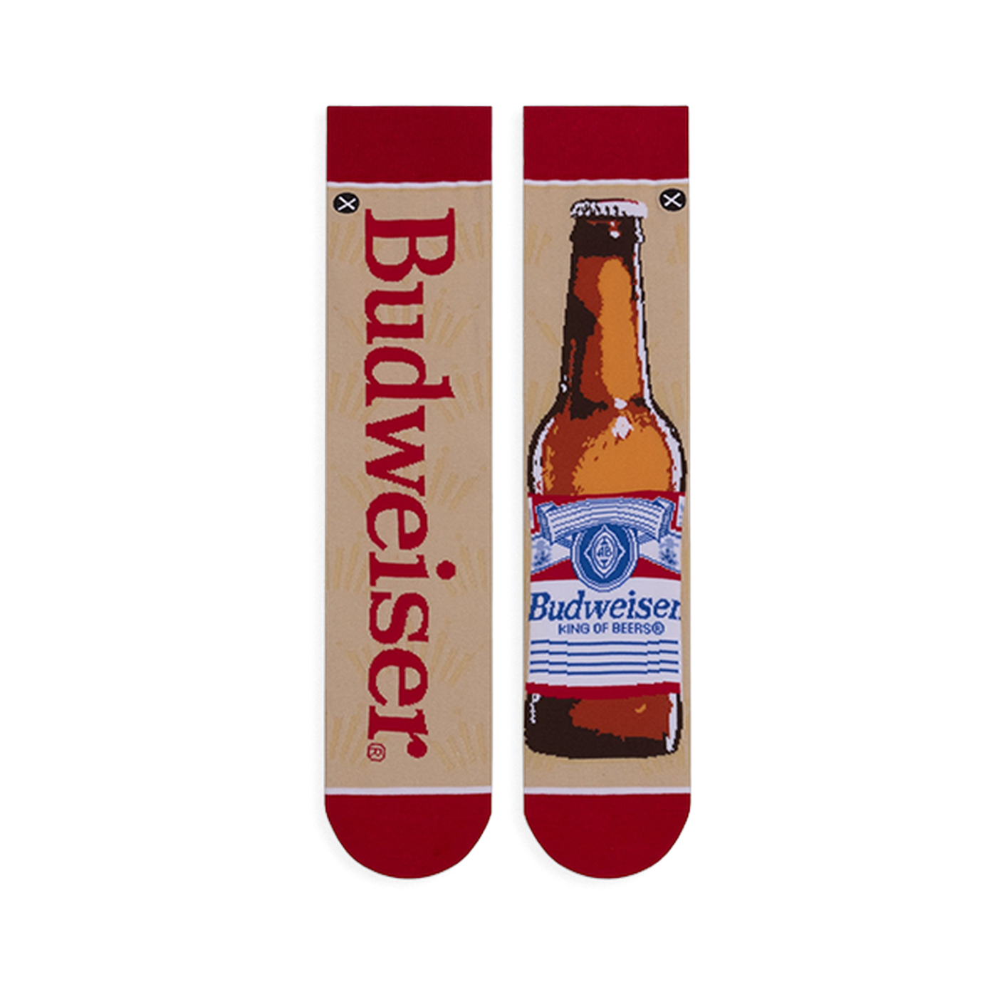 Flat lay of mismatched tan socks. One features vertical red Budweiser text, the other a full brown beer bottle illustration.