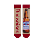 Flat lay of mismatched tan socks. One features vertical red Budweiser text, the other a full brown beer bottle illustration.
