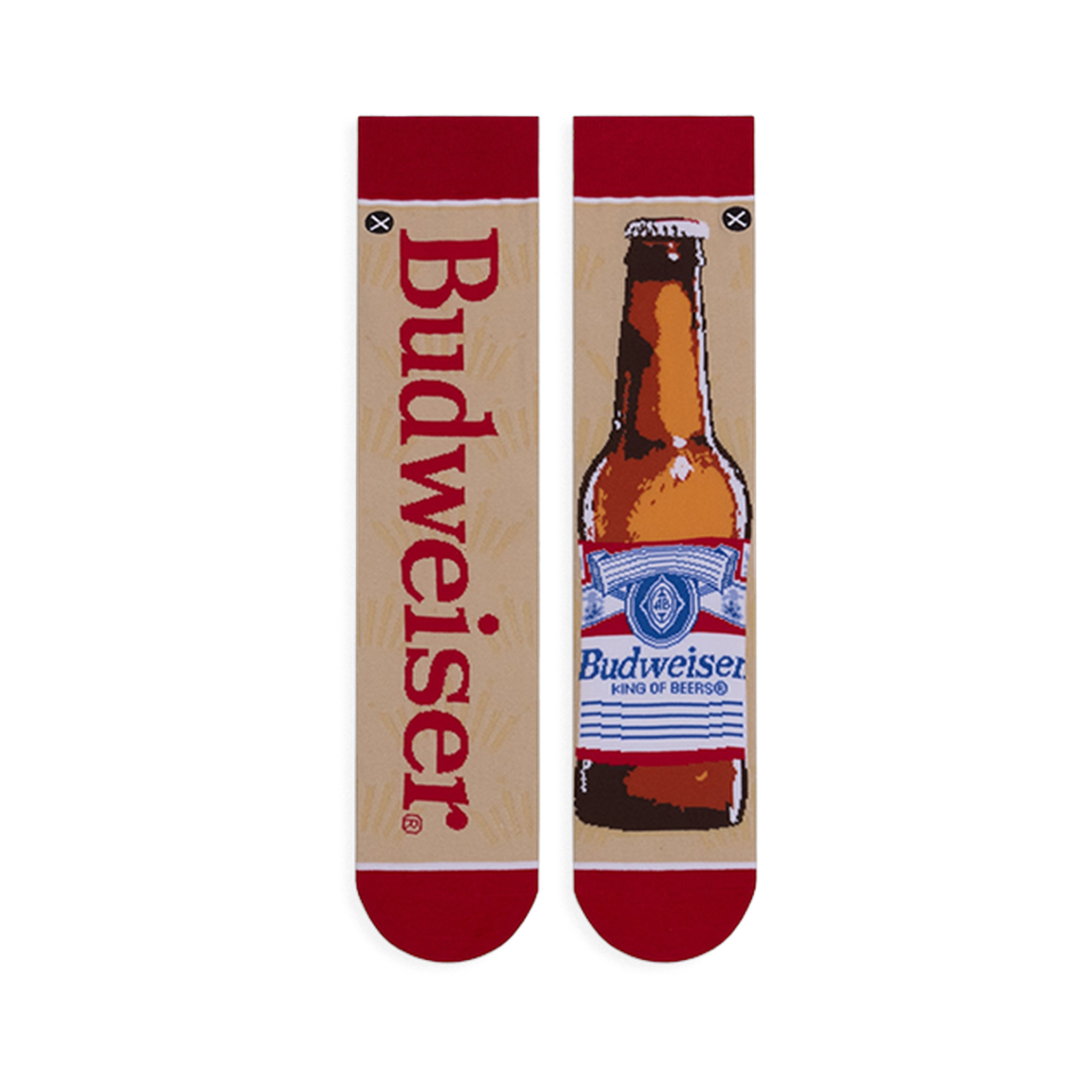 Flat lay of mismatched tan socks. One features vertical red Budweiser text, the other a full brown beer bottle illustration.