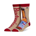 Mismatched tan crew socks with red accents. Left sock has red Budweiser text, right sock shows a brown beer bottle.