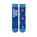 Flat lay of mismatched royal blue socks. Left shows a large vertical Bud Light logo, right has a pattern of blue beer cans.