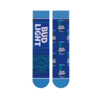 Flat lay of mismatched royal blue socks. Left shows a large vertical Bud Light logo, right has a pattern of blue beer cans.