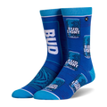 Royal blue crew socks with a split design. One features a giant white Bud Light logo, the other shows repeating beer cans.