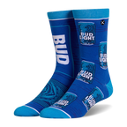 Royal blue crew socks with a split design. One features a giant white Bud Light logo, the other shows repeating beer cans.