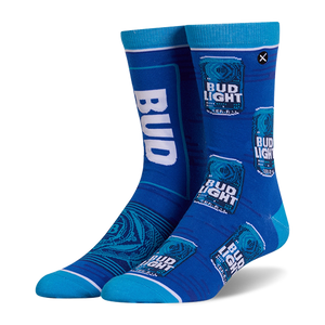 Royal blue crew socks with a split design. One features a giant white Bud Light logo, the other shows repeating beer cans.