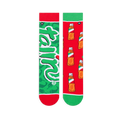 Flat lay of the mismatched socks. The green sock shows the full Tajin logo, and the red sock shows the full bottle pattern.