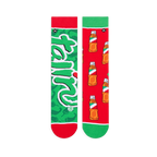 Flat lay of the mismatched socks. The green sock shows the full Tajin logo, and the red sock shows the full bottle pattern.