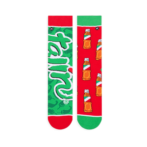 Flat lay of the mismatched socks. The green sock shows the full Tajin logo, and the red sock shows the full bottle pattern.