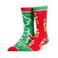 Mismatched Tajin socks. One is green with a huge logo, and the other is red covered in a pattern of seasoning bottles.