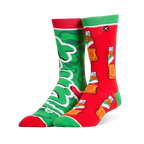 Mismatched Tajin socks. One is green with a huge logo, and the other is red covered in a pattern of seasoning bottles.