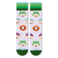 Flat lay front view of white socks showing Stan, Kyle, Cartman, and Kenny faces with blue and green striped cuffs.