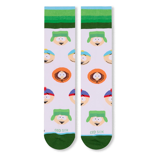 Flat lay front view of white socks showing Stan, Kyle, Cartman, and Kenny faces with blue and green striped cuffs.