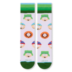 Flat lay front view of white socks showing Stan, Kyle, Cartman, and Kenny faces with blue and green striped cuffs.