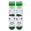 Flat lay back view of white South Park socks showing the character pattern, green heels, and green toes.