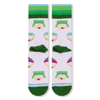 Flat lay back view of white South Park socks showing the character pattern, green heels, and green toes.