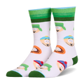 White crew socks showing a pattern of South Park character faces, complete with green heels, toes, and striped cuffs.