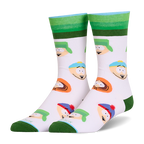 White crew socks showing a pattern of South Park character faces, complete with green heels, toes, and striped cuffs.