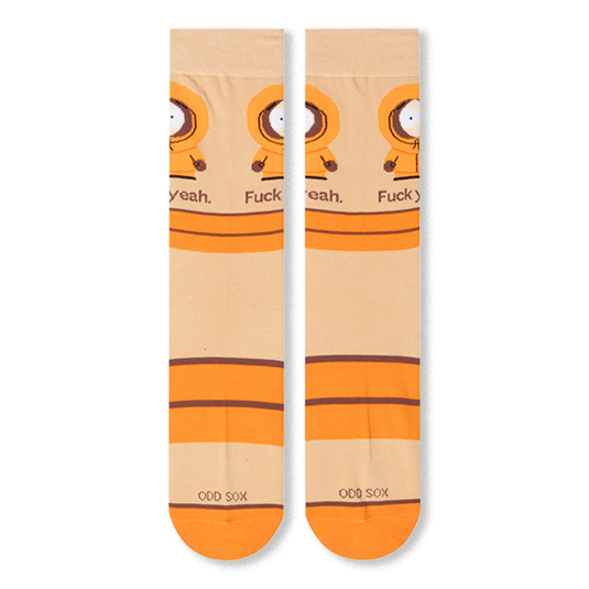 Flat lay front view of beige crew socks showing the repeated Kenny graphic, bold text, orange stripes, and orange toes.