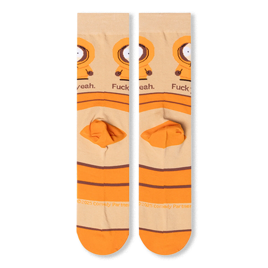 Flat lay back view of beige socks displaying the wrapped orange stripes, orange heel block, and small brown copyright text.